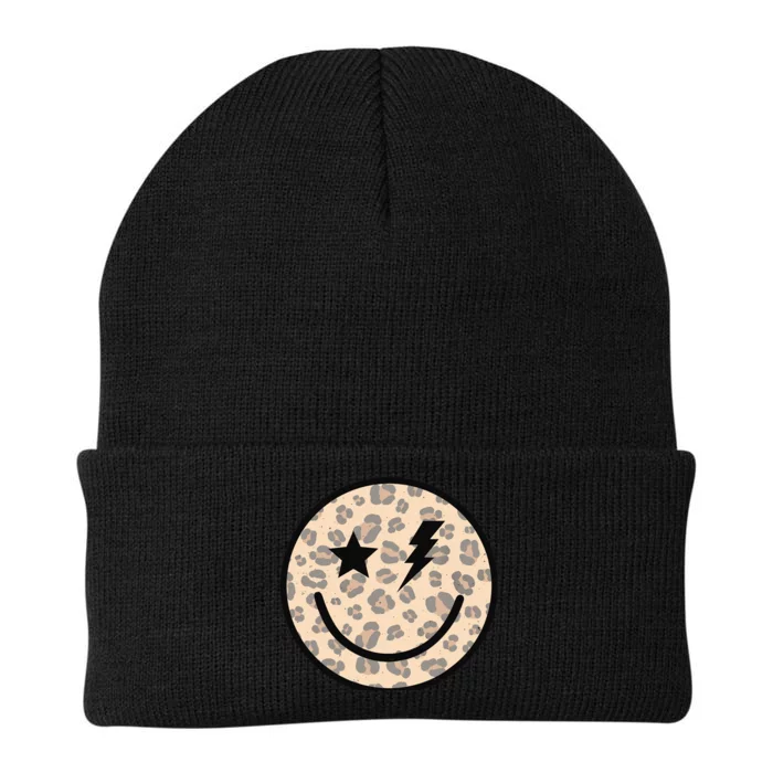 Leopard Happy Face Funny Retro Groovy Smile Face Meme Trendy Knit Cap Winter Beanie