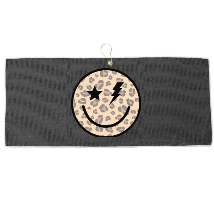 Leopard Happy Face Funny Retro Groovy Smile Face Meme Trendy Large Microfiber Waffle Golf Towel