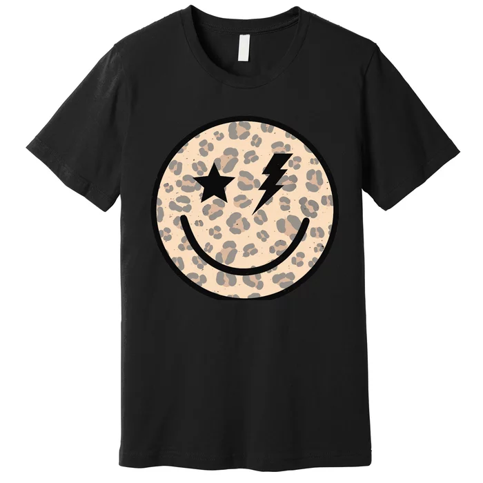 Leopard Happy Face Funny Retro Groovy Smile Face Meme Trendy Premium T-Shirt