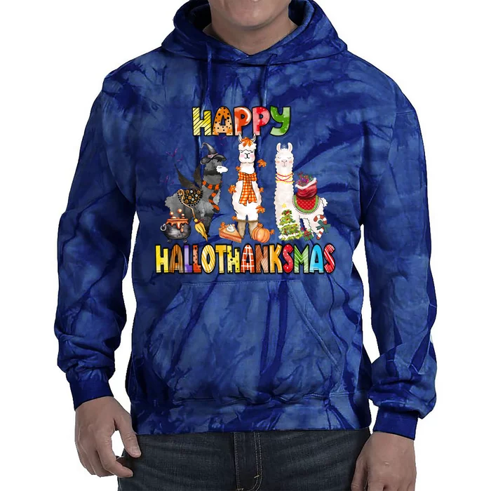 Llama Happy Hallothanksmas Halloween Thanksgiving Xmas Tie Dye Hoodie