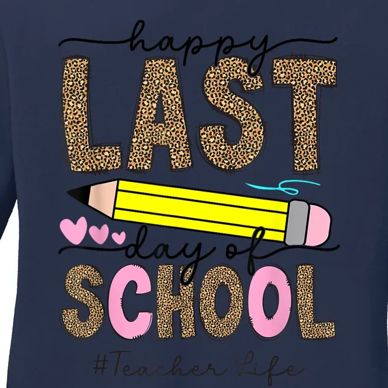 Leopard Happy Last Day Of School Graduation Teacher Student Ladies Long Sleeve Shirt