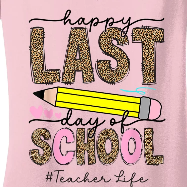 Leopard Happy Last Day Of School Graduation Teacher Student Women's V-Neck T-Shirt