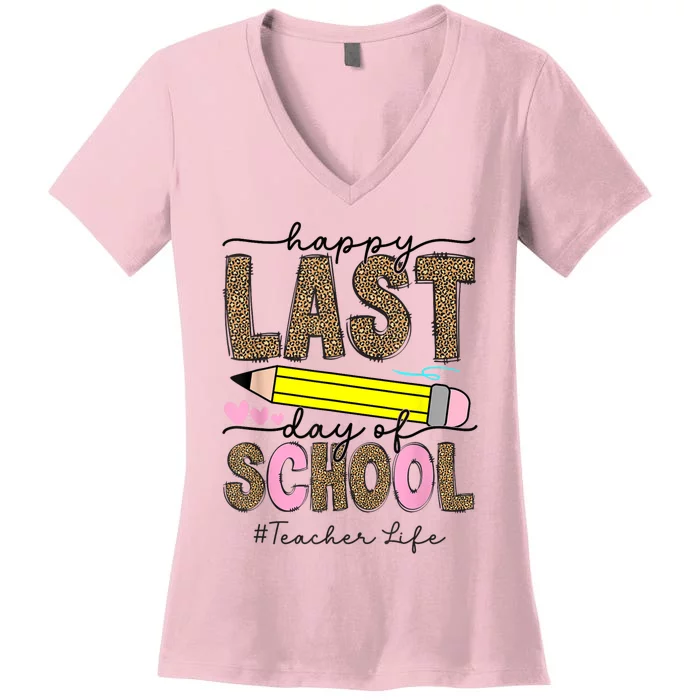 Leopard Happy Last Day Of School Graduation Teacher Student Women's V-Neck T-Shirt