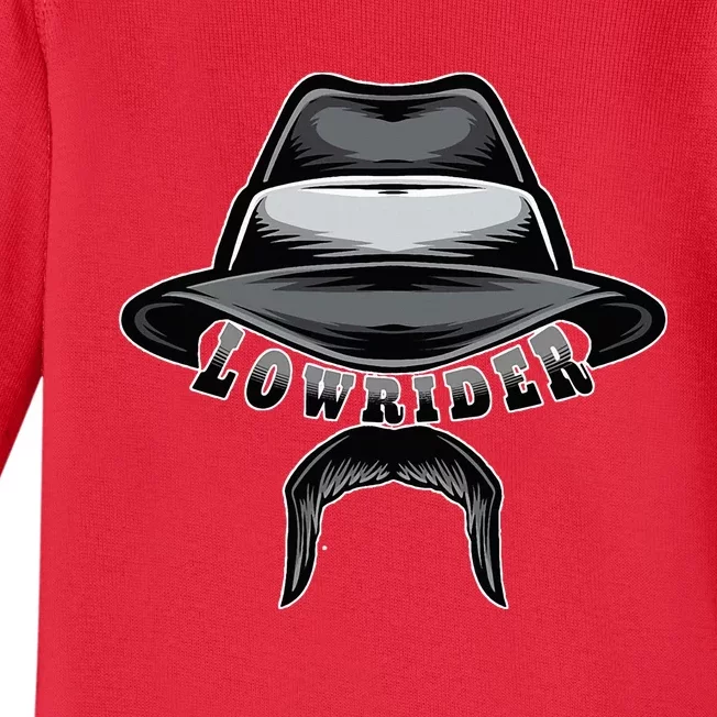 Lowrider Hat & Moustache Chicano Cholo Latino Low Rider Baby Long Sleeve Bodysuit