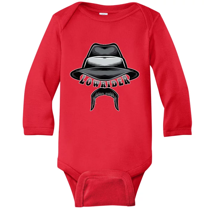 Lowrider Hat & Moustache Chicano Cholo Latino Low Rider Baby Long Sleeve Bodysuit