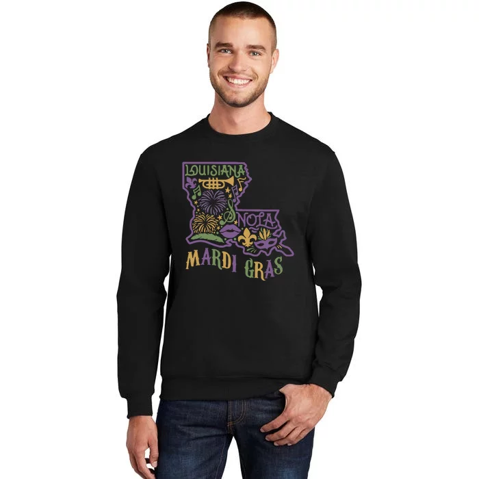 Louisiana Home Mardi Gras Louisiana Mardi Gras Carnival Louisiana Map Tall Sweatshirt