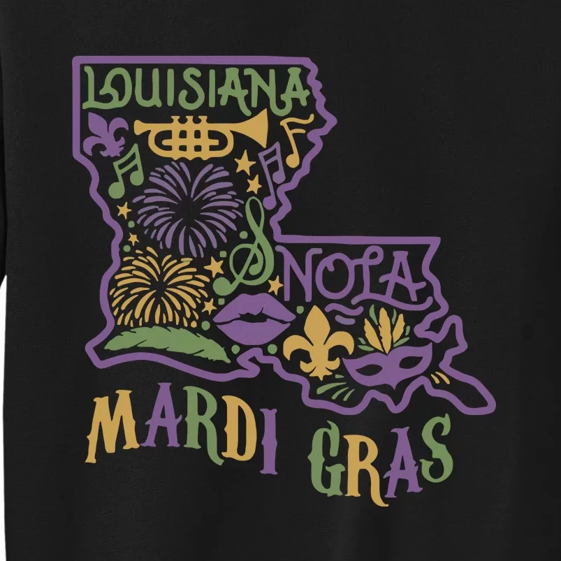 Louisiana Home Mardi Gras Louisiana Mardi Gras Carnival Louisiana Map Tall Sweatshirt