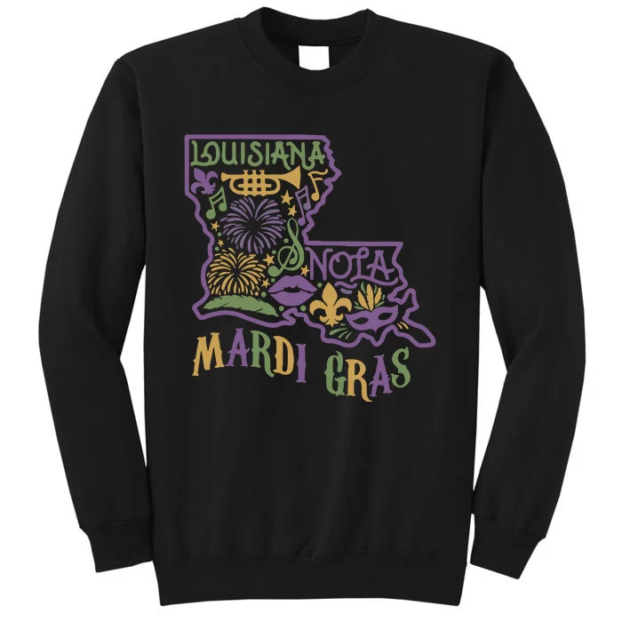 Louisiana Home Mardi Gras Louisiana Mardi Gras Carnival Louisiana Map Tall Sweatshirt