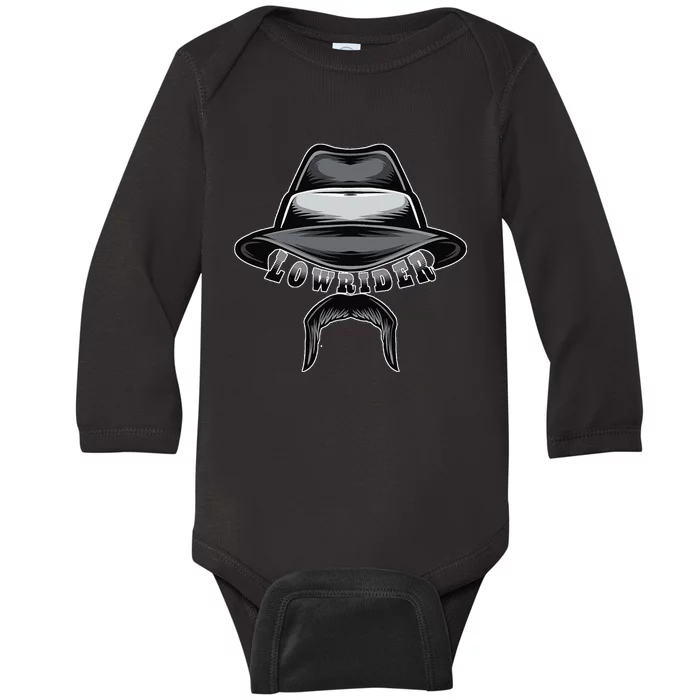 Lowrider Hat & Moustache Chicano Cholo Latino Low Rider Baby Long Sleeve Bodysuit