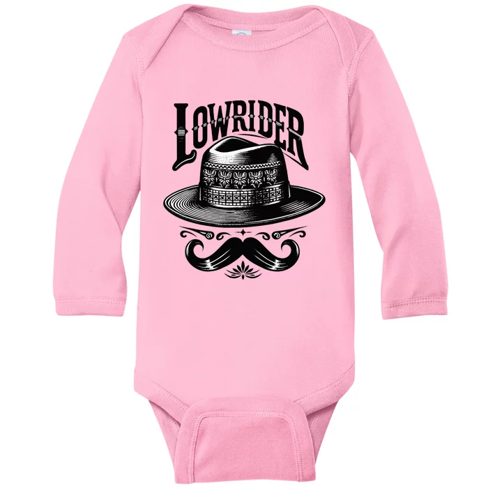 Lowrider Hat Moustache Chicano Cholo Latino Low Rider Baby Long Sleeve Bodysuit