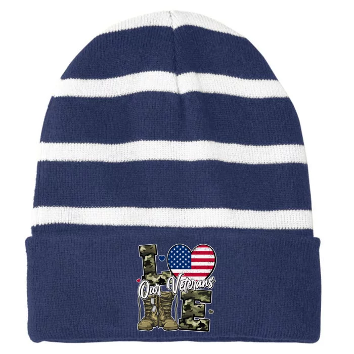 Love Heart Our Veterans Support Veterans Striped Beanie with Solid Band