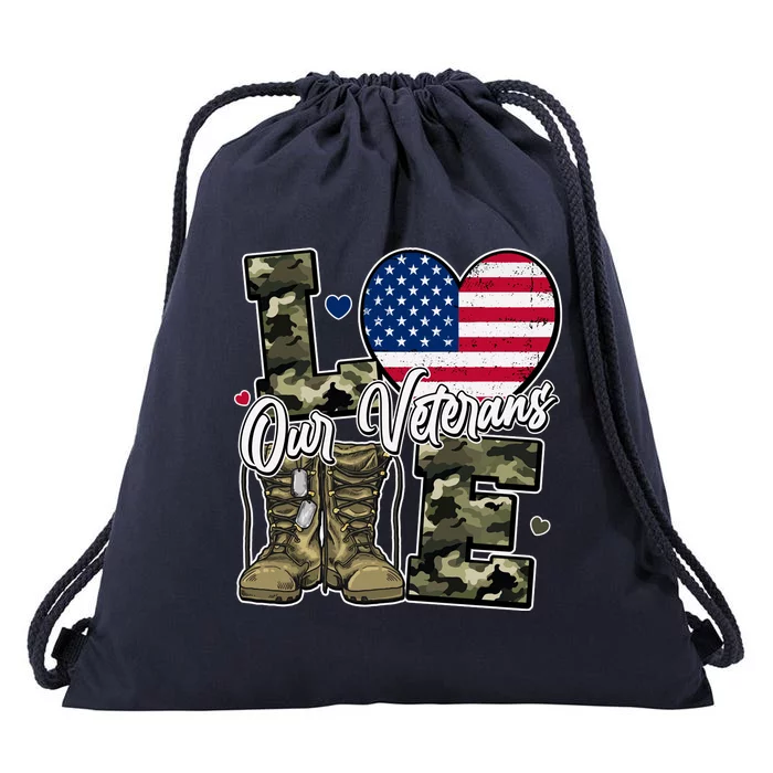 Love Heart Our Veterans Support Veterans Drawstring Bag