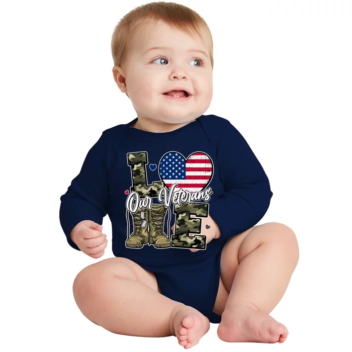 Love Heart Our Veterans Support Veterans Baby Long Sleeve Bodysuit