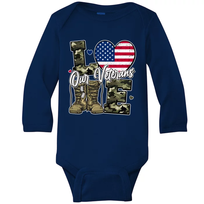 Love Heart Our Veterans Support Veterans Baby Long Sleeve Bodysuit