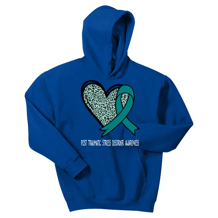 Leopard Heart Post Traumatic Stress Disorder Awareness Teal Cute Gift Kids Hoodie