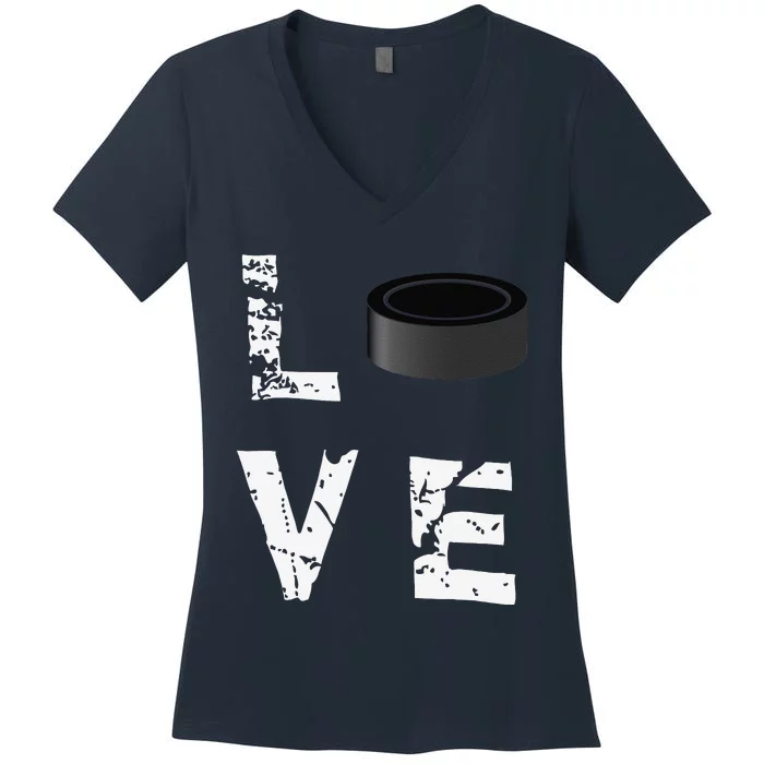 Love Hockey Puck Funny Sports Valentine's Day Women's V-Neck T-Shirt