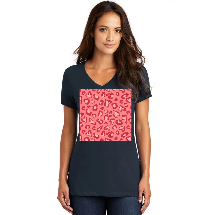 Leopard Heart Pattern Women's V-Neck T-Shirt