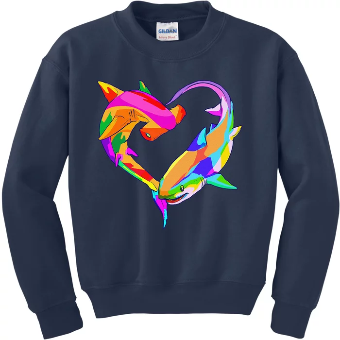 Love Heart Shark Valentine's Day I Love Sharks Colorful Kids Sweatshirt