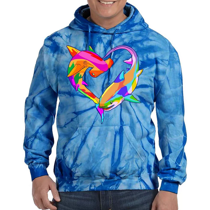 Love Heart Shark Valentine's Day I Love Sharks Colorful Gift Tie Dye Hoodie