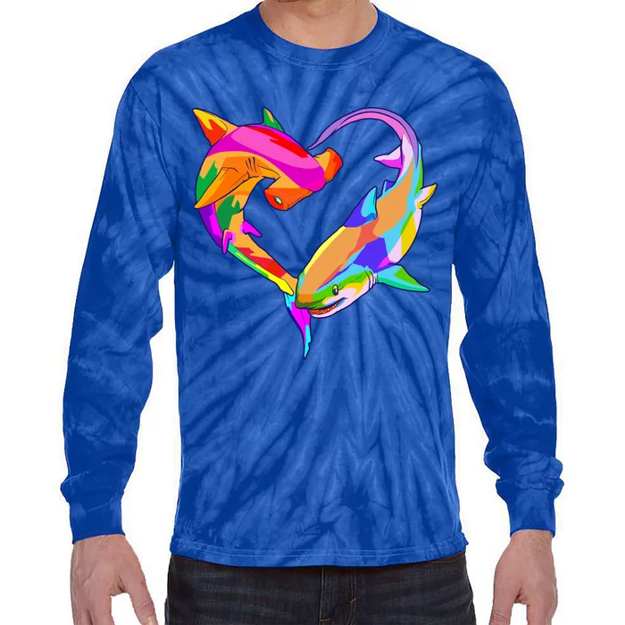 Love Heart Shark Valentine's Day I Love Sharks Colorful Gift Tie-Dye Long Sleeve Shirt