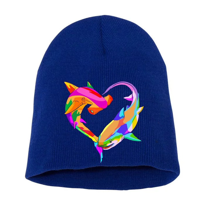 Love Heart Shark Valentine's Day I Love Sharks Colorful Gift Short Acrylic Beanie