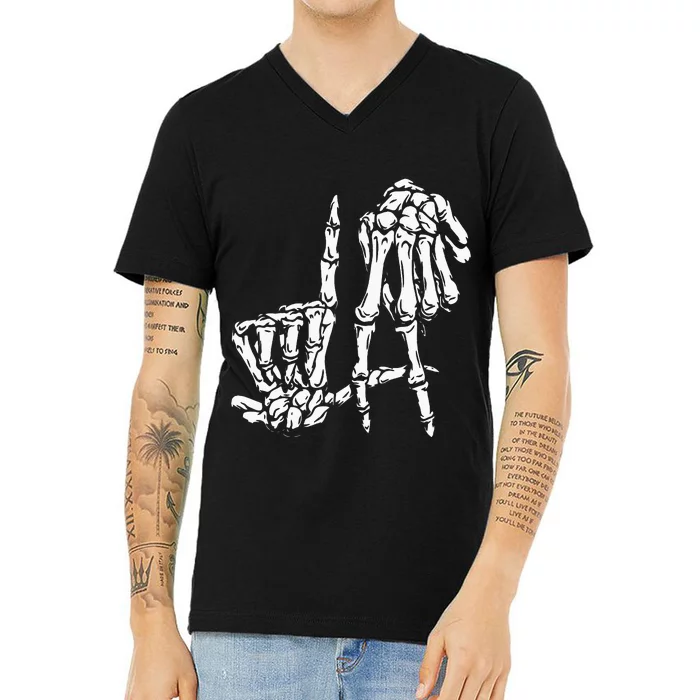 La Hand Sign Lazy DIY Halloween Costume Skeleton Los Angeles V-Neck T-Shirt