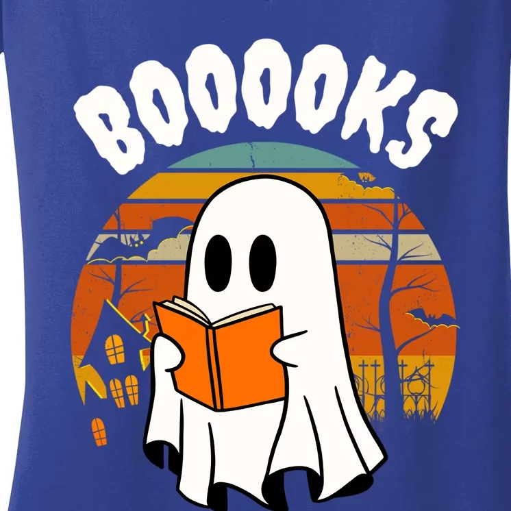 Lazy Halloween Teacher Library Booooks Ghost Reading Books Gift Women's V-Neck T-Shirt