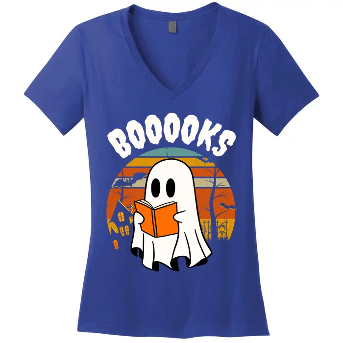 Lazy Halloween Teacher Library Booooks Ghost Reading Books Gift Women's V-Neck T-Shirt