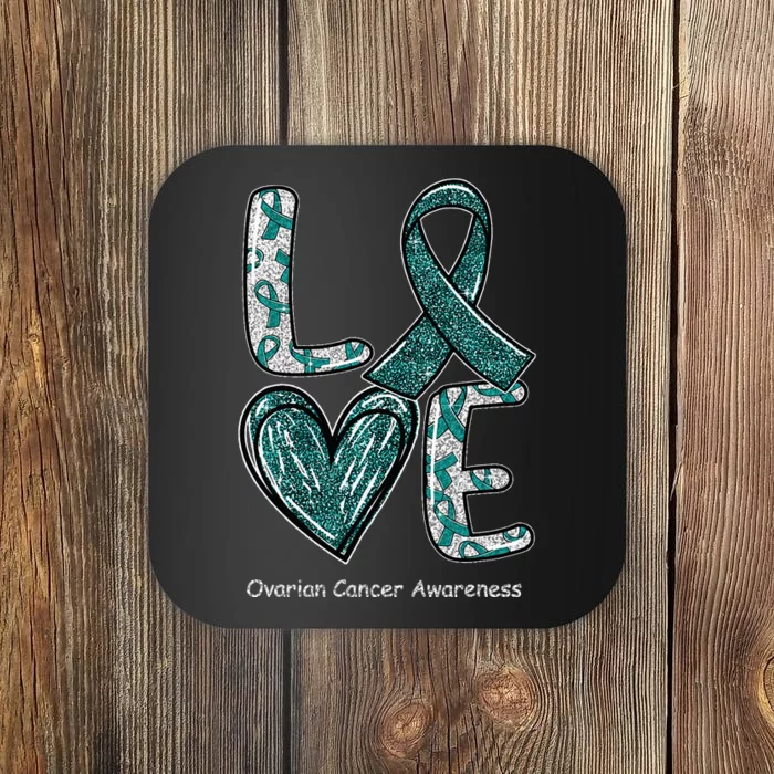 LOVE Heart Teal Ribbon Ovarian Cancer Awareness Gifts Coaster