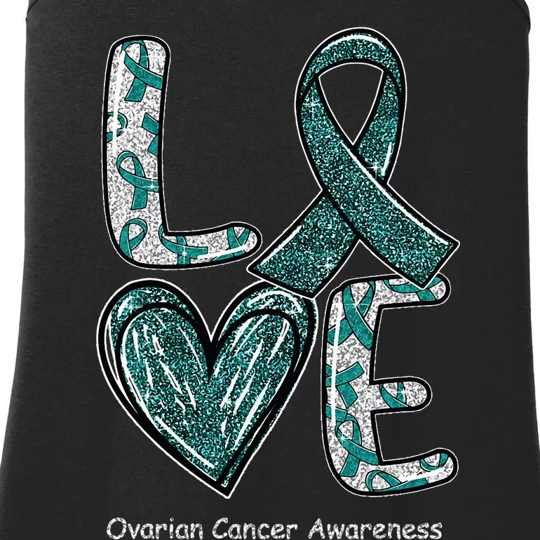 LOVE Heart Teal Ribbon Ovarian Cancer Awareness Gifts Ladies Essential Tank