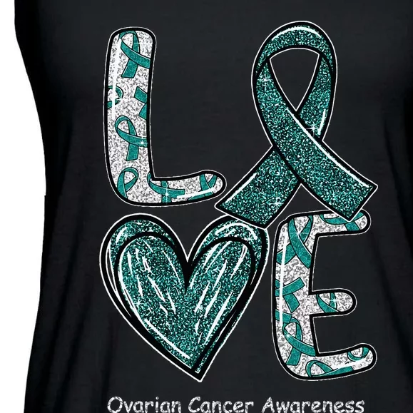 LOVE Heart Teal Ribbon Ovarian Cancer Awareness Gifts Ladies Essential Flowy Tank