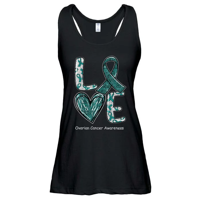 LOVE Heart Teal Ribbon Ovarian Cancer Awareness Gifts Ladies Essential Flowy Tank