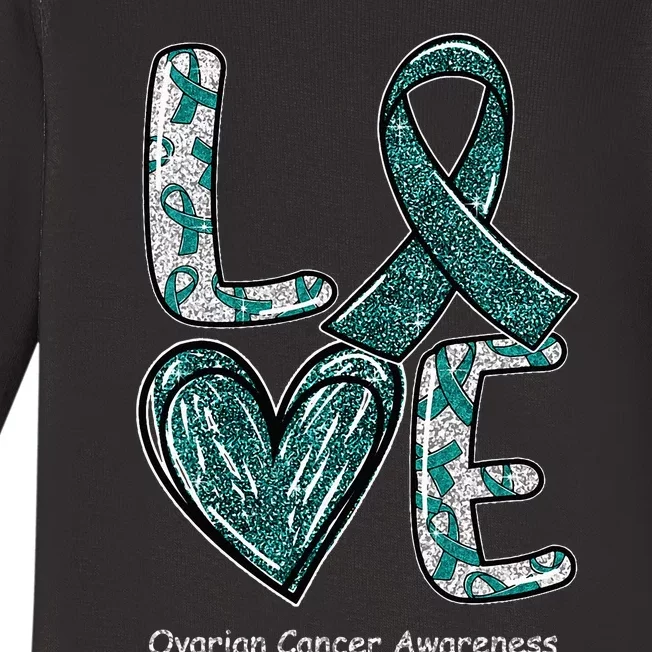 LOVE Heart Teal Ribbon Ovarian Cancer Awareness Gifts Baby Long Sleeve Bodysuit