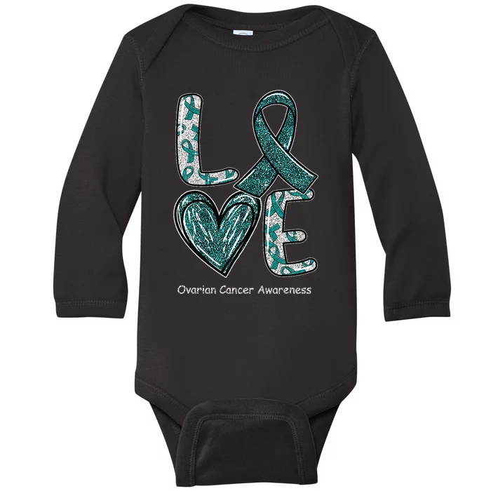 LOVE Heart Teal Ribbon Ovarian Cancer Awareness Gifts Baby Long Sleeve Bodysuit