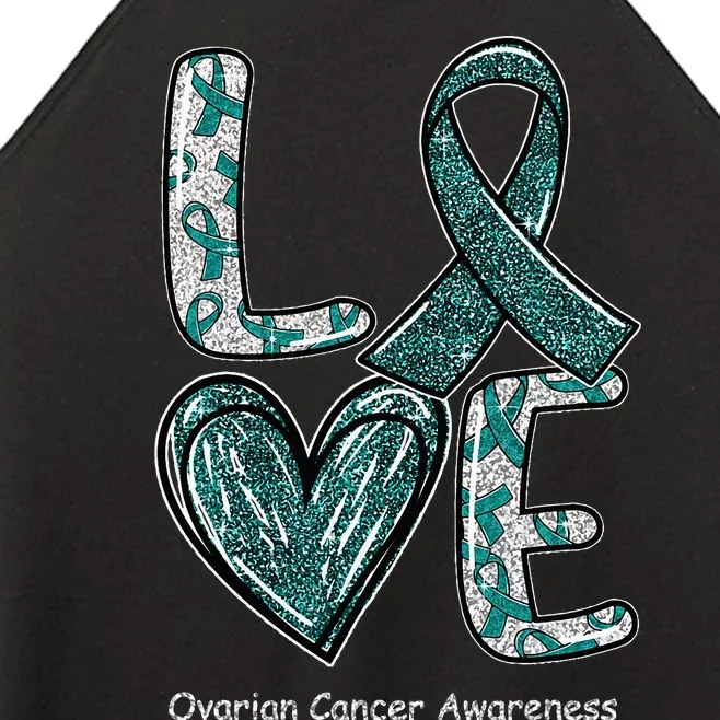 LOVE Heart Teal Ribbon Ovarian Cancer Awareness Gifts Women’s Perfect Tri Rocker Tank