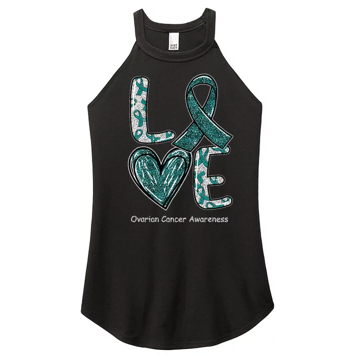 LOVE Heart Teal Ribbon Ovarian Cancer Awareness Gifts Women’s Perfect Tri Rocker Tank