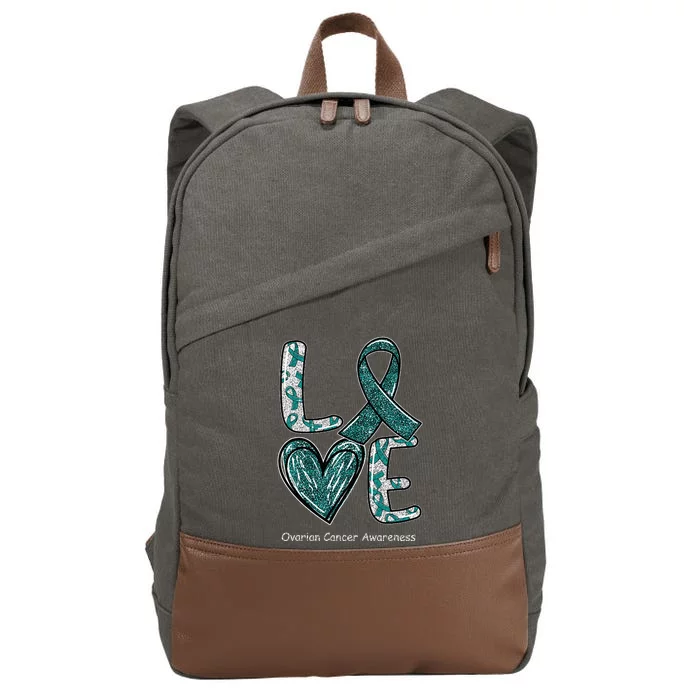 LOVE Heart Teal Ribbon Ovarian Cancer Awareness Gifts Cotton Canvas Backpack