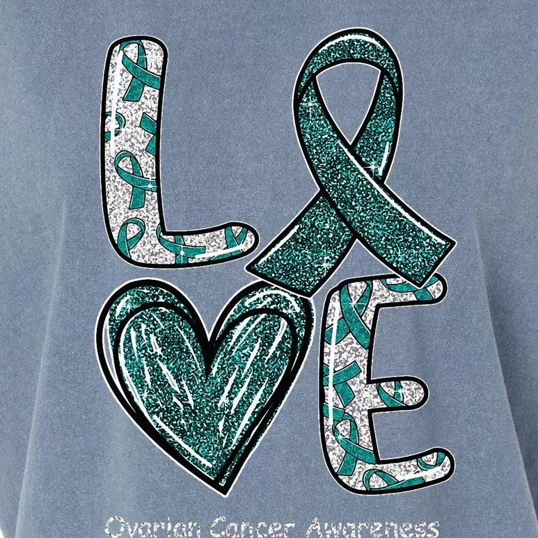 LOVE Heart Teal Ribbon Ovarian Cancer Awareness Gifts Garment-Dyed Women's Muscle Tee