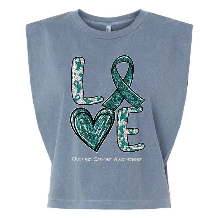 LOVE Heart Teal Ribbon Ovarian Cancer Awareness Gifts Garment-Dyed Women's Muscle Tee