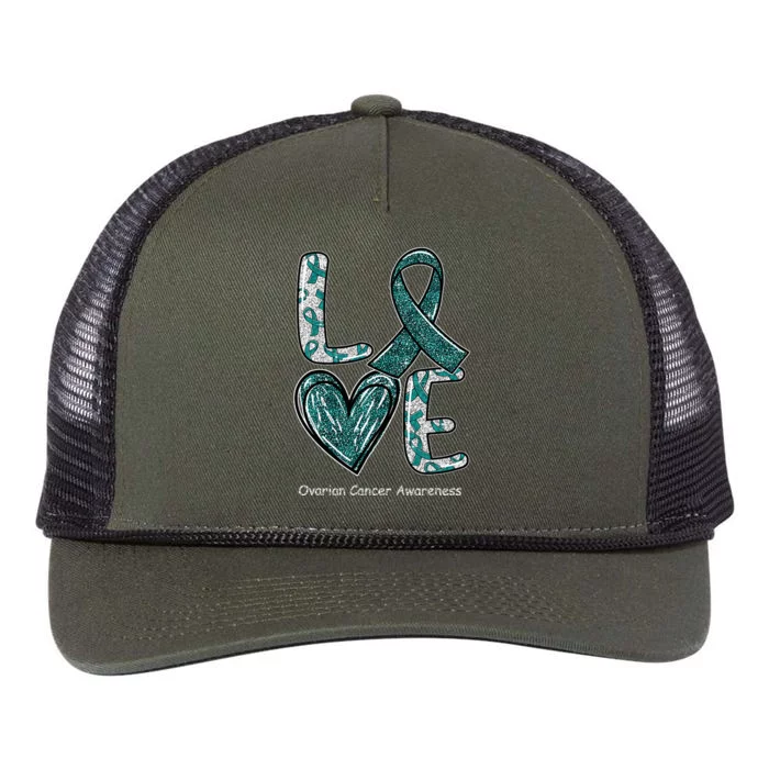 LOVE Heart Teal Ribbon Ovarian Cancer Awareness Gifts Retro Rope Trucker Hat Cap