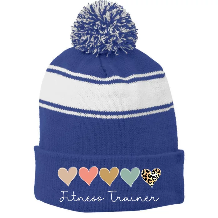 Leopard Hearts Valentine's Day For Team Fitness Trainer Meaningful Gift Stripe Pom Pom Beanie