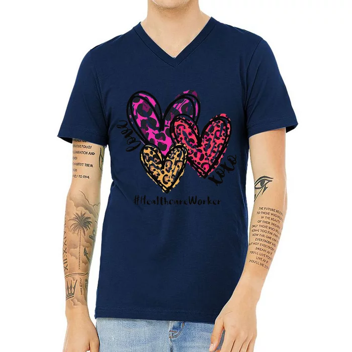 Love Healthcare Worker Heart Leopard Costume Valentine's Day V-Neck T-Shirt