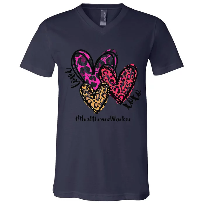 Love Healthcare Worker Heart Leopard Costume Valentine's Day V-Neck T-Shirt