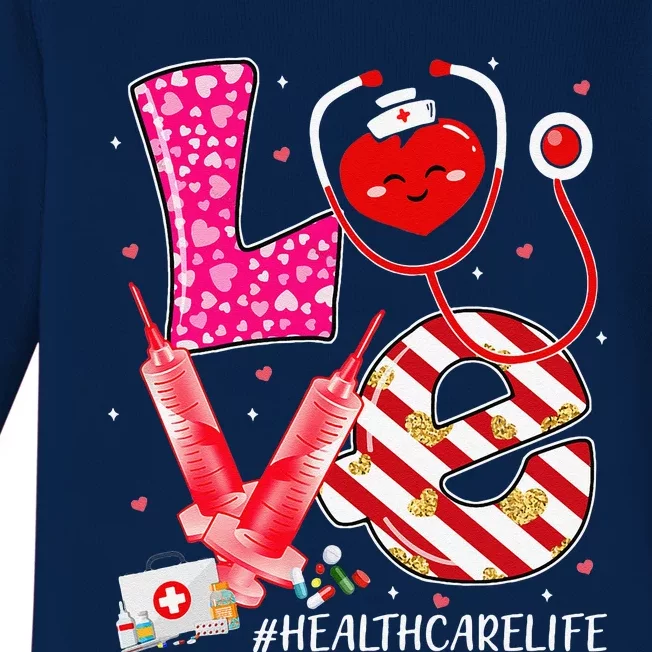 Love Healthcare Worker Nurse Cute Heart Valentines Day Baby Long Sleeve Bodysuit