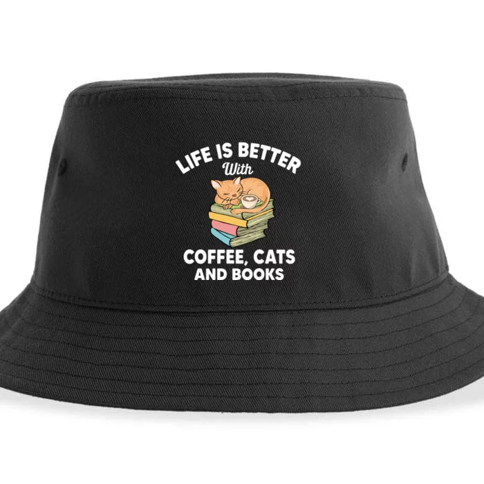 Life Is Better With Coffee Cats And Books Funny Cat Lover Sustainable Bucket Hat