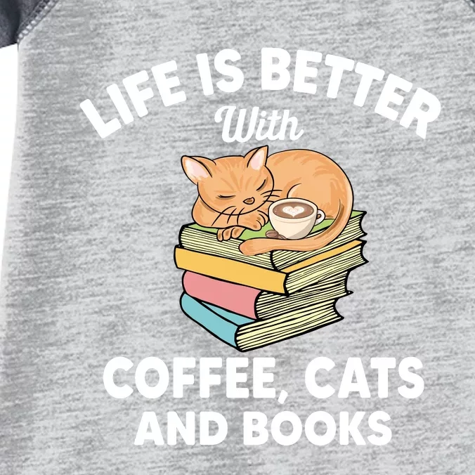 Life Is Better With Coffee Cats And Books Funny Cat Lover Infant Baby Jersey Bodysuit