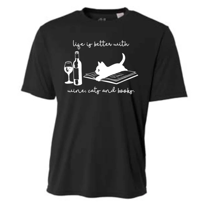 Life Is Better With Wine Cats And Books Black Cat Funny Cool Gift Cooling Performance Crew T-Shirt