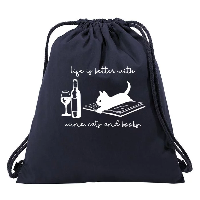 Life Is Better With Wine Cats And Books Black Cat Funny Cool Gift Drawstring Bag