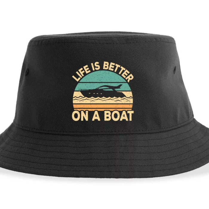 Life Is Better On A Boat Funny Retro Boating Captain Sustainable Bucket Hat