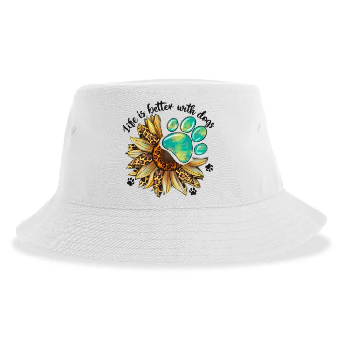 Life Is Better With Dogs’ Sublimation Featuring Dog Paws & Western Sunflowers Sustainable Bucket Hat